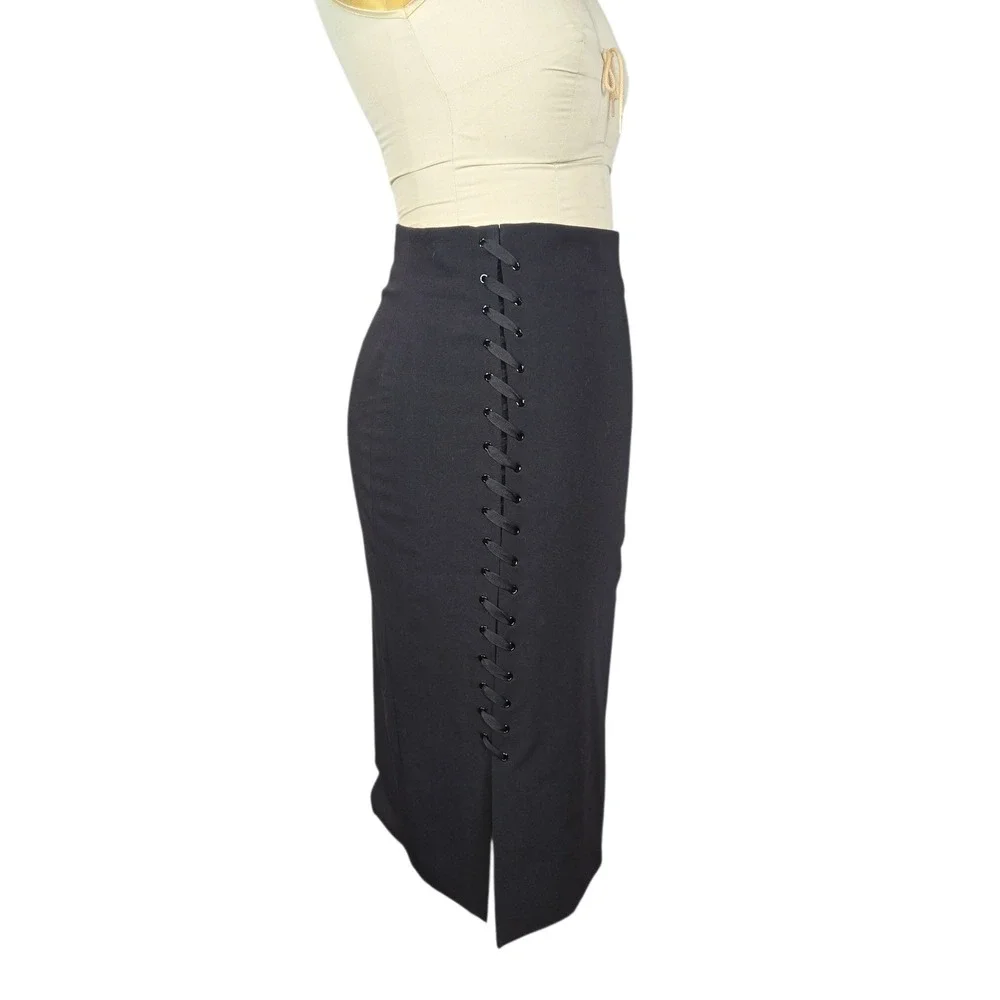 Worthington Black Pencil Skirt Lace Up Side Slit Midi‎ Size 8 Business Casual